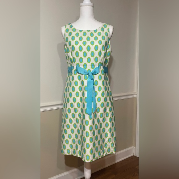 Kim Rogers White with Blue and Green Dots, Bow, Sleeveless, Midi Dress Sz 10 - Picture 1 of 15